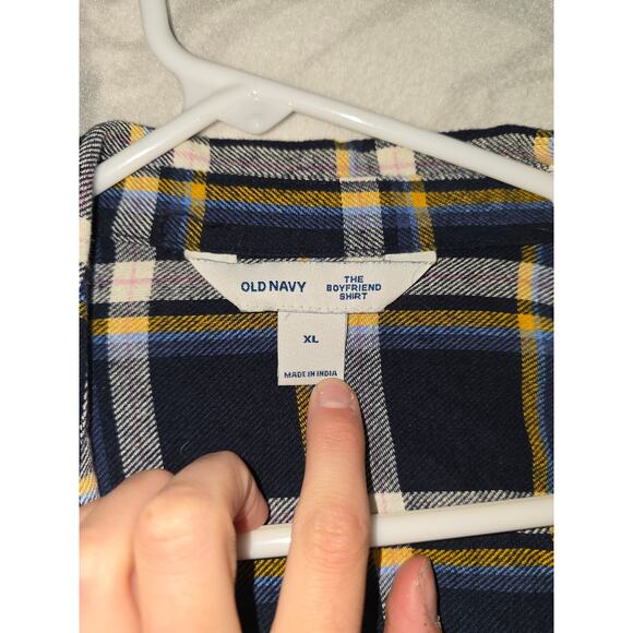Old Navy The Boyfriend Shirt Blue/Yellow/White Flannel Size XL - Picture 5 of 8